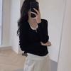 Playera de Manga Larga Negra de Talla Grande de Dos Piezas Falsas para Mujer Otoño Estilo Coreano Empalme Asimétrico Look Adelgazante Camiseta Base Top