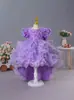 Nuevo Vestido Infantil 2025 Rosa Aplique Tridimensional Vestido de Princesa Vestido de Pastel con Cola de Lazo Infantil