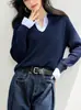Suéter de punto azul marino, nuevo estilo otoño e invierno, tejido elegante y moderno para mujer, suéter de cuello redondo de manga larga maduro y adelgazante