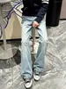 Jeans retro americanos desgastados lavados para hombre, nuevos pantalones rectos anchos holgados de primavera/otoño, estilo callejero elegante y genial, hasta el suelo