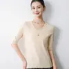 Venta al por mayor transfronteriza, top de punto de manga corta para mujer con cuello en V sin costuras de alta calidad, talla grande, adecuado para primavera y otoño, capa interior cálida, manga corta