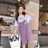 Traje de Pantalón con Tirantes para Niñas Verano Estilo Coreano Color Sólido Dibujos Animados Manga Corta Casual Pantalón con Tirantes Conjunto de Dos Piezas