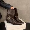 Botines Marrones de Tacón Alto y Punta Afilada para Mujer Zapatos 2025 Nuevos Botines Individuales de Primavera y Otoño Retro Hebilla de Cinturón Media Caña Botas para Pantalones