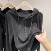 Camiseta básica quente de veludo dupla face super macia e encerada com capuz e mangas compridas forrada de fleece, nova para outono e inverno, estilo western, blusa pequena versátil