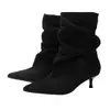 Nuevas Botas de Tobillo Puntiagudas Plisadas Color Camel para Primavera y Otoño, Botines Cortos Vintage de Gamuza sin Cordones, Botas Occidentales de Tacón Alto Fino para Mujer