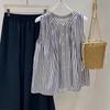 Estilo Artístico Vintage Rayas Verticales Blancas y Negras Sin Mangas Algodón Lino Chaleco Camisa Mujer Nuevo Verano Camisa Estilo Vacaciones Top