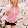 Top de manga corta raglán con bloques de color ajustado estética Y2K Venta al por mayor Camiseta de cuello con rayas rosas y blancas estilo chica dulce japonesa