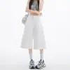 Jeans Crop de Tiro Alto Rectos de Pierna Ancha Holgados Estilo Americano Color Blanco Crudo para Mujer, Diseño Personalizado de Verano, Pantalones de Media Longitud Holgados de Pierna Ancha High Street para Mujer
