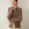 Suave y Amigable con la Piel Estilo Coreano Cremallera Doble Color Sólido Cardigan de Punto Cachemir Abrigo para Mujer Solapa Retro Moda Ropa de Abrigo