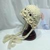 Gorro estilo huaduo tejido a ganchillo hecho a mano de estilo coreano para mujer, con borlas, grueso y cálido, para otoño e invierno
