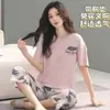 Pijama de Verano para Mujer de Estilo Nuevo con Mangas Cortas, Almohadillas en el Pecho y Pantalones de Tres Cuartos, Conjunto de Ropa de Casa Holgada Estilo Coreano para Jóvenes Tallas Grandes