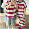 Camiseta Infantil Transfronteriza 2026 Verano Estilo Coreano Camiseta Colorida de Rayas Manga Corta para Niños y Niñas, Top Infantil de Cuello Redondo con Letras