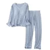 Venda Direta da Fábrica conjunto de 2 peças para mulheres, gola V, manga longa, calça com bojo, fino, solto, roupa de casa, pijama de cor sólida para mulheres