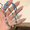 Colar de Contas Lápis Lazúli Azul Contraste Yinqiestin [Índigo] Corrente de Clavícula Brincos Design Único de Nicho para Mulheres