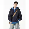 Camisa de Empalme Falsa de Dos Piezas Tendencia Color Borgoña Sudadera con Capucha y Cuello en V para Hombre Otoño Pulóver Casual Pesado