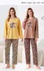 Temporada de calças compridas confortável pele comércio exterior gola redonda pijama feminino outono algodão pode ser usado fora blusa de frio estilo roupas de casa primavera outono manga longa casual