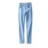 Jeans de Otoño Europeos y Americanos de Cintura Alta para Mostrar el Ombligo con Tres Botones para Mujer, Versátiles, Pierna Larga, Azul Claro, Ajustados, Tipo Lápiz Durazno, Mujer
