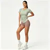 Camiseta Deportiva de Manga Corta Ajustada para Running de Comercio Exterior Transfronterizo Cuello en V Sensación de Segunda Piel Top de Verano para Fitness Camiseta de Manga Corta Fruncida para Mujer