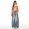 Pantalones Anchos de Patchwork Estilo Americano Relajado Vintage, Jeans Rectos Fluidos para Mujer, Pantalones Largos hasta el Suelo, Pantalones Largos Azules Retro