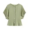 Comercio Exterior Ropa de Mujer 2026 Moda Europea y Americana Ajuste Delgado Cuello Redondo Lino Manga Abullonada Camisa Top para Mujer B482949