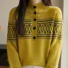 Suéter Tricô Jacquard Vintage de Lã com Gola Meia-Aberta, Elegante Estilo Novo de Primavera, Top Tricô Vintage para Outono e Inverno para Mulheres