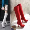 Botas de comercio exterior rojo blanco negro otoño e invierno nuevas botas hasta la rodilla tacón fino cremallera hebilla de cinturón botas de mujer talla grande zapatos de mujer