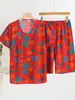 Conjunto de Pijama de Algodón y Seda con Flores Grandes del Noreste para Mujer Talla Grande Holgado Casual Ropa para el Hogar Moda Elegante Ropa de Aire Acondicionado para Mujer