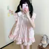 Pijama rosa xadrez de renda macio e fofo para mulheres, mangas curtas e shorts, estilo INS, conjunto fofo com gola de boneca, pode ser usado fora de casa como roupa caseira