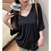 Playera de Modal de Cuello en V y Manga Corta para Mujer Verano Sexy Holgada Casual Versátil Estilo Lazy Color Puro Top Chic de Alta Gama