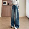 Calça Super Trendy Estilo Retro Scythe com Bordado Floral, Jeans Wide-Leg para Mulheres, Novo Estilo Inverno 2025, Caimento Solto, Não Aperta nas Pernas, Calça Scythe