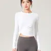 Top de Yoga Ligero de Punto Sin Costuras con Hombros Normales, Corte Ajustado, Elástico, Camiseta de Manga Larga para Mujer