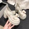 Sapatos Mary Jane de couro pequenos com elástico francês 2024 novo plataforma de sola grossa fundo de bolo salto grosso sapatos femininos pedal música
