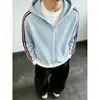 Sudadera con capucha a rayas estilo americano para hombre, estilo universitario de otoño, chaqueta holgada para pareja, cárdigan deportivo moderno