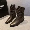 Botines Chelsea mujer 2026 nuevo estilo verano estilo británico cuello en V botas de montar puntera cuadrada pequeña tacón grueso fruncidos botas apiladas