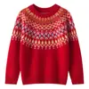 Suéter de tricô infantil Fair Isle versátil com gola redonda, blusa de malha jacquard de caimento solto para outono e inverno