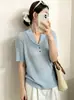 Top de tricô fino de verão para mulheres plus size com gola virada, estilo verão 2026 para mulheres plus size, camiseta casual versátil de manga curta