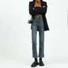 Jeans de Perna Reta Feminino Primavera e Outono 2024 Novo Cintura Alta Emagrecimento Pessoas Baixas Barra Desfiada Nove Pontos Tubo de Fumaça Calças Outono