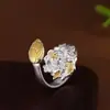 Anillo de Flor de Peonía de Plata Pura 999 Rey Ciervo Dorado Anillo Abierto Elegante y de Moda para Mujer Estilo Chino Nuevo Simple y Elegante