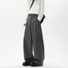 Pantalones de hombre negros de seda helada plisados y fluidos, pantalones casuales rectos de pierna ancha, holgados, frescos y de moda para verano