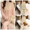 Nuevos Pijamas de Manga Larga para Mujer de Otoño Jacquard Cuadros Cuello en V Traje de Algodón Nube Pijamas para Mujer Encaje Ropa Dulce para el Hogar