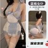 Lencería Sexy, Escote Bajo en V Profundo Sexy, Espalda Hermosa, Falda de Cuadros Azules para Cadera, Uniforme de Sirvienta, Body Transparente con Tirantes