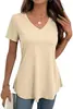 Camiseta de Verano Nueva Estilo Europeo y Americano para Mujer, de Waffle, Cuello en V, Manga Corta, Holgada, Talla Grande, Color Sólido, Adelgazante, Moderna, Versátil y Casual
