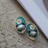 Pendientes Estilo Retro Francés Monet Impresión del Atardecer Esmalte Glaseado Goteante Pintura al Óleo Pendientes de Perla de Agua Dulce Pin de Plata 925