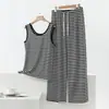 Conjunto de pantalones largos de verano para mujer, adecuado para usar al aire libre, pijama sin mangas, ropa de estar casual, chaleco modal fino a rayas