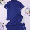 Estilo Europeo Satín Azul Casual Cardigan de Pijama Solapa Manga Corta Pantalón Largo Conjunto de Ropa para el Hogar para Mujer Venta al por Mayor