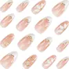 Uñas postizas de alta gama hechas a mano para comercio exterior en rosa nude y blanco con diseños tallados y baño de oro, disponibles para venta al por mayor