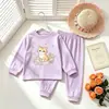 Conjunto de Dos Piezas para Niñas, Estampado Floral de Gato de Dibujos Animados, Cuello Redondo, Manga Larga, para Ropa de Casa, Dulce y Casual, para Bebés