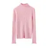 Suéter de Cachemira con Cuello Medio Alto Fruncido al por Mayor de Fábrica para Mujer, Camiseta Base de Punto a Rayas Ajustada