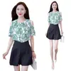 Blusa Retro de Gasa Floral para Mujer, Estilo Caliente Verano 2026, Corte Holgado, Top que Cubre el Vientre, Hombros Descubiertos, Blusa Elegante y a la Moda