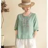 Camisa de Algodão Linho Bordada Elegante Retrô Feminina Verão 2026 Nova Manga de Cinco Pontos Petite Gola Redonda Top Blusa